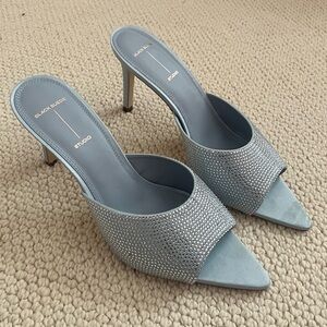 Black Suede Studio Blue Satin Rhinestone Belle Mules